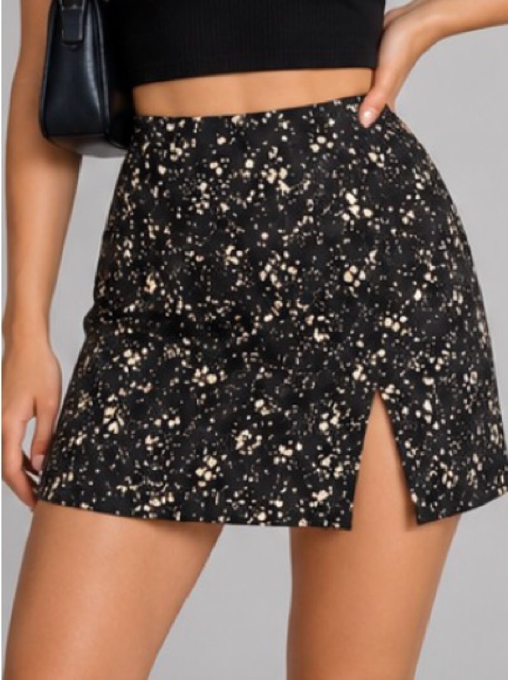 SHEIN Black Beige Speckled Print Mini Skirt Front Slit XS